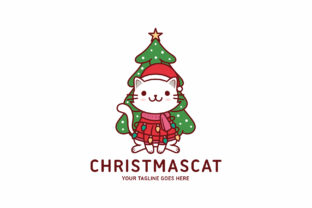 Cute Christmas Cat Kawaii Logo Template